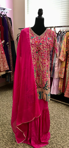 AFL2040-Party wear pure chiffon set .Comes with heavy embroidery work on top.Come with sharara pant and dupatta.