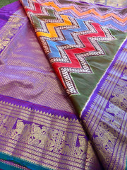 SKH137 PURE HANDLOOM SILK IKKAT KANCHIPURAM SAREE IN MULTICOLOR PASTEL CHECKS WITH PURPLE KANCHIPURAM BORDER