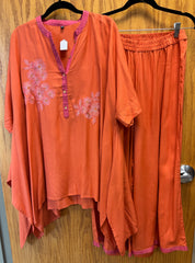JPD025-Orange cotton kaftan with pants and flower work