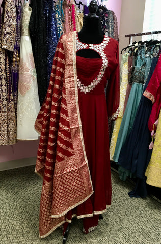AFL2036 - Pure chiffon long gown with mirror work embroidered on the yoke. Come with pant and Banarasi dupatta.