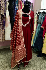 AFL2036 - Pure chiffon long gown with mirror work embroidered on the yoke. Come with pant and Banarasi dupatta.