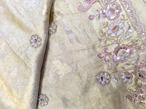 AFL8002 Pure banarasi crepe tissue saree in beige with heavy hand embroidery party wear Saree.comes with stitched blouse size 38 can be altered to 44 size.