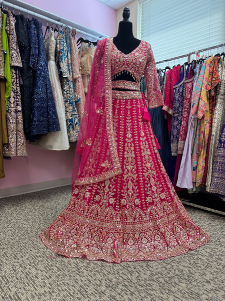 AFL2006-Dark Pink heavy lehenga with bead and sequin work. Comes with dupatta and belt