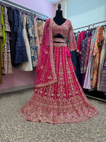 AFL2006-Dark Pink heavy lehenga with bead and sequin work. Comes with dupatta and belt