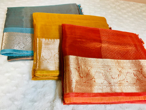 BKS 018 -  Pure Silk Tissue Banarasi  Sari with Gold Zari work. Comes with Unstitiched Blouse.