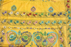 KSN203 - Semi Silk Kantha Tusser Saree in yellow hand work design. Fall Peco done. Comes with stitched Blouse size 38 it can be altered to 44 size.