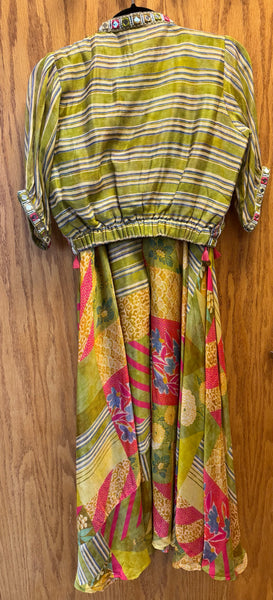 DPD008-Green blouse and sharara pants with unique stripes pattern