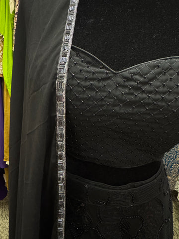 AFL2008-Black bead work lehenga with floral pattern and dupatta