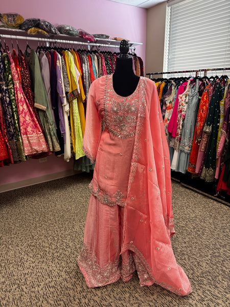 Pnk440: Pink kurti with sharara pants and dupatta