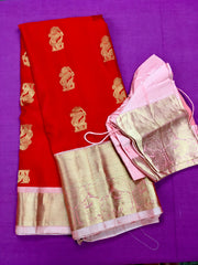 KSS444  Pure handloom kanchipuram silk Saree red  with gold zari border.comes with stitched blouse size 40,can be altered to 44 size.
