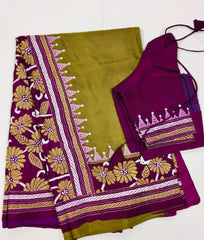 KSN228 Pure Silk Kantha Tussar Saree in green. Comes with stitched blouse. Fall peco done.