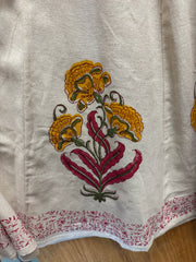 JPD014-White long dress with flower design on sleeves, neckline, and border
