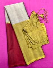 KSS458 Pure handloom kanchipuram silk Saree in gray with maroon and green border.comes with stitched blouse size 40,can be altered to 44 size.