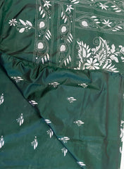 KSN201 - Semi Silk Kantha Tusser Saree in bottle green hand work design. Fall Peco done. Comes with stitched Blouse size 38 it can be altered to 44 size.