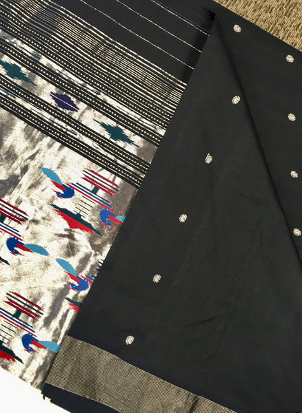 PSS11 - Beautiful Handwoven Cotton Black Paithani Saree with Dark Blue Zari Border and glamorous Peaccock motif on Pallu