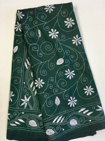 KSN201 - Semi Silk Kantha Tusser Saree in bottle green hand work design. Fall Peco done. Comes with stitched Blouse size 38 it can be altered to 44 size.