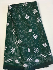 KSN201 - Semi Silk Kantha Tusser Saree in bottle green hand work design. Fall Peco done. Comes with stitched Blouse size 38 it can be altered to 44 size.