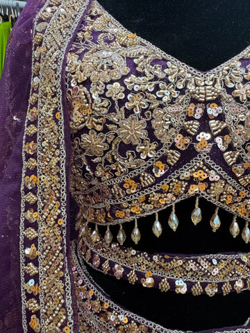 AFL2001-Purple lehenga with heavy bead and embroidery work. Comes with dupatta and belt