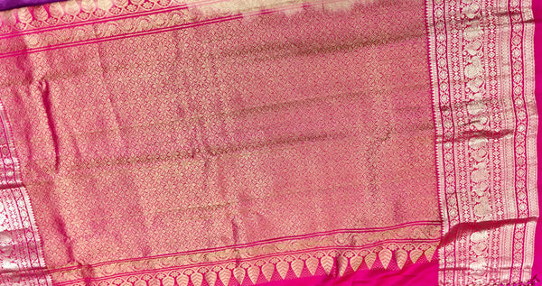 KSS453 Pure handloom kanchipuram silk Saree in pink with Rani pink gold zari border.comes with stitched blouse size 40,can be altered to 44 size.