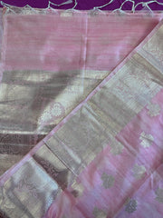 Semi Raw mango Saree in pink with Silver  Zari Border.Fall peco done. Comess with stitched blouse size 38 can be altered up to 44