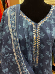 Pnk407:  Long Kurta with Pants and Dupatta in Blue and Pink