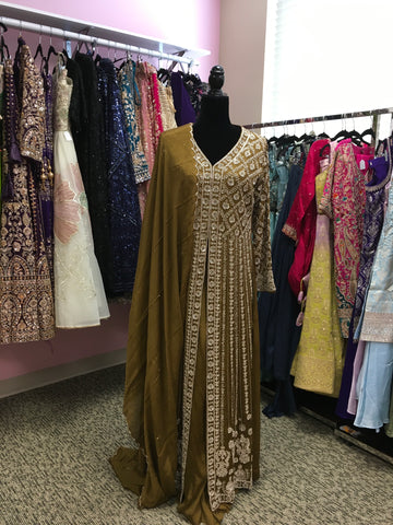 KKD015 - Heavy party wear dress with full embroidered and sequin work long gown with sharara pant and dupatta.