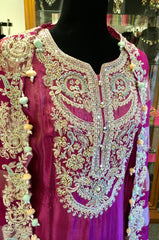 RFSS2015 -Pure Chinnon Shimmer Crepe Heavy Embridered Kurta In Magenta With Sharara Pant And Koti