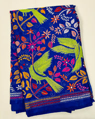 KSN210 Semi Silk nakshi kantha saree in blue with multi color.Come with stitched blouse. Fall peco done.