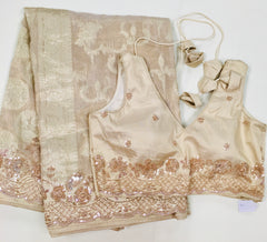 AFL8006 Pure banarasi crepe tissue saree in beige with heavy hand embroidery party wear Saree.comes with stitched blouse size 38 can be altered to 44 size.