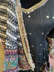 DPP004-Black long dress with sharara, dupatta and potli