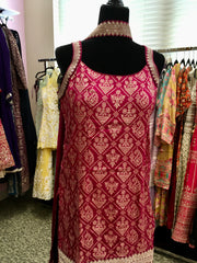 AFL2031- Banarasi silk suit come with gold Zaria work on top.Comes with sharara pant and necklace dupatta.