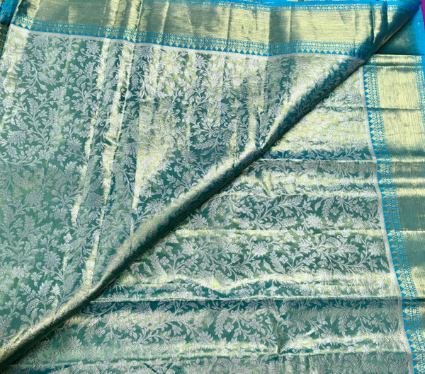 KSS447 Pure kanchipuram tissue silk Saree in blue with gold zari work.comes with stitched blouse size 40,can be altered to 44 size.