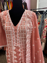 Pnk408: Beautiful long kurta, pants, and dupatta in Green and Peach