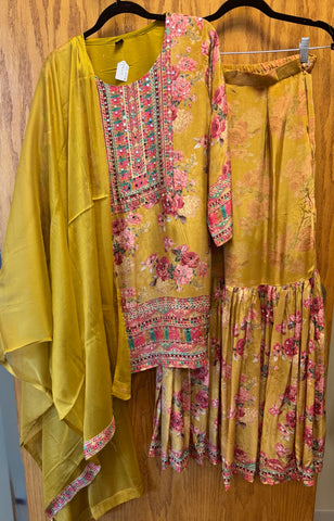 DPD004-Yellow long kurti, dupatta, and sharara pants with flower print