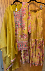 DPD004-Yellow long kurti, dupatta, and sharara pants with flower print