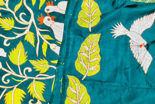 KSN225 Pure Silk Kantha Tussar Saree in Green. Comes with stitched blouse. Fall peco done.