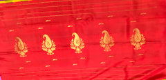 KSS439 Pure handloom kanchipuram silk Saree in red with gold zari border. Comes with stitched blouse size 40, Can be altered to 44 size.