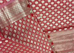BKS140 Cotton Banarasi Saree in red. Comes with stitched blouse size 38 can be altered to size 42. Fall peco done.