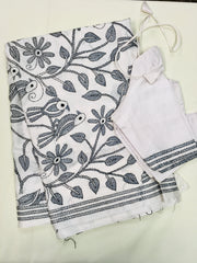 KSN211 Semi Silk Kantha Tusser Saree in white hand work design. Comes with stitched Blouse.
