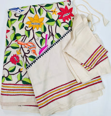 KSN217 Pure Silk Kantha Tussar Saree in beige. Comes with stitched blouse.