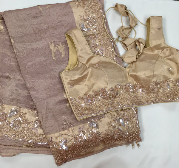 AFL8005 Pure banarasi crepe tissue saree in beige with heavy hand embroidery party wear Saree.comes with stitched blouse size 38 can be altered to 44 size.