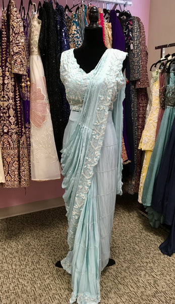 KKD004 - Party Wear Readymade Drape saree in pure chiffon fabric with heavy embroidery handwork blouse.