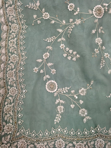 AFL3042 Partywear saree in light blue organza saree with white bead and sequin embroidery.Comes with stitched blouse size 40,can be altered to 44 size.Fall peco done.