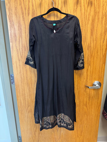JPD027-Black long kurti and pants with elephant pattern on borders
