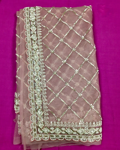 AFL3071 Partywear net saree in beige with silver bead and sequin embroidery.Comes with stitched blouse size 40,can be altered to 44 size.Fall peco done.