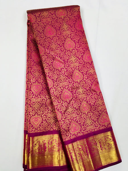 KSS504 Pure kanchipuram handloom silk Saree in purple color with gold zari border. comes with stitched blouse size 40,can be altered to 44 size.