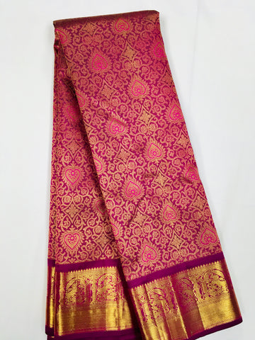 KSS504 Pure kanchipuram handloom silk Saree in purple color with gold zari border. comes with stitched blouse size 40,can be altered to 44 size.