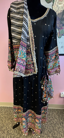 DPP004-Black long dress with sharara, dupatta and potli