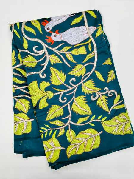 KSN225 Pure Silk Kantha Tussar Saree in Green. Comes with stitched blouse. Fall peco done.