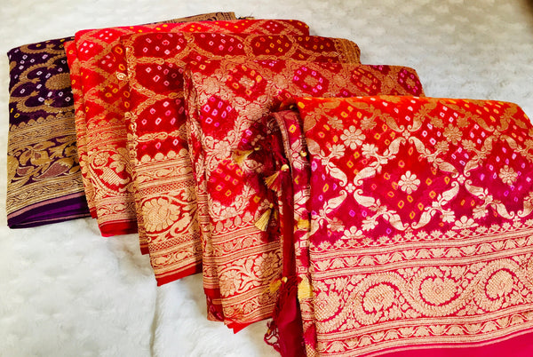 BKS 017 -  Authentic Hand Bandhej Banarasi Khaddi Silk Georgette Saree with jaal weave. Comes with unstitched Blouse.